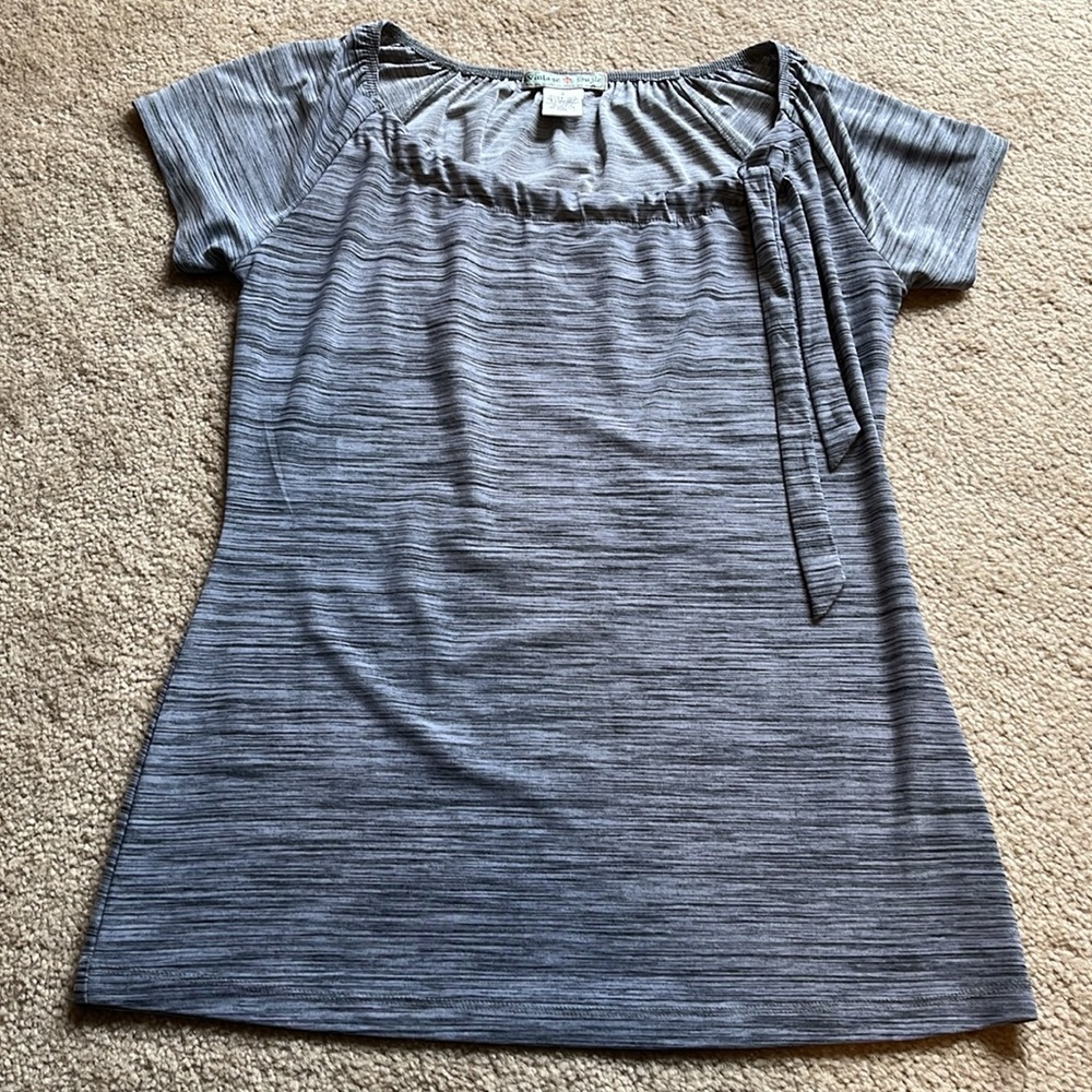 Vintage Suzie Grey Short-Sleeve Space Dye Blouse with Tie Front Detail
